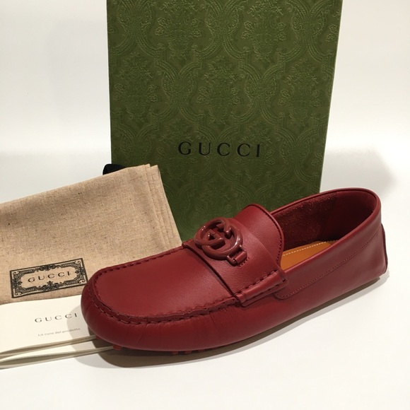 GUCCI INTERLOCKING G DRIVING MOCCASINS -RED CALF LEATHER -MEN’S US 9 -NEW - Picture 2 of 11